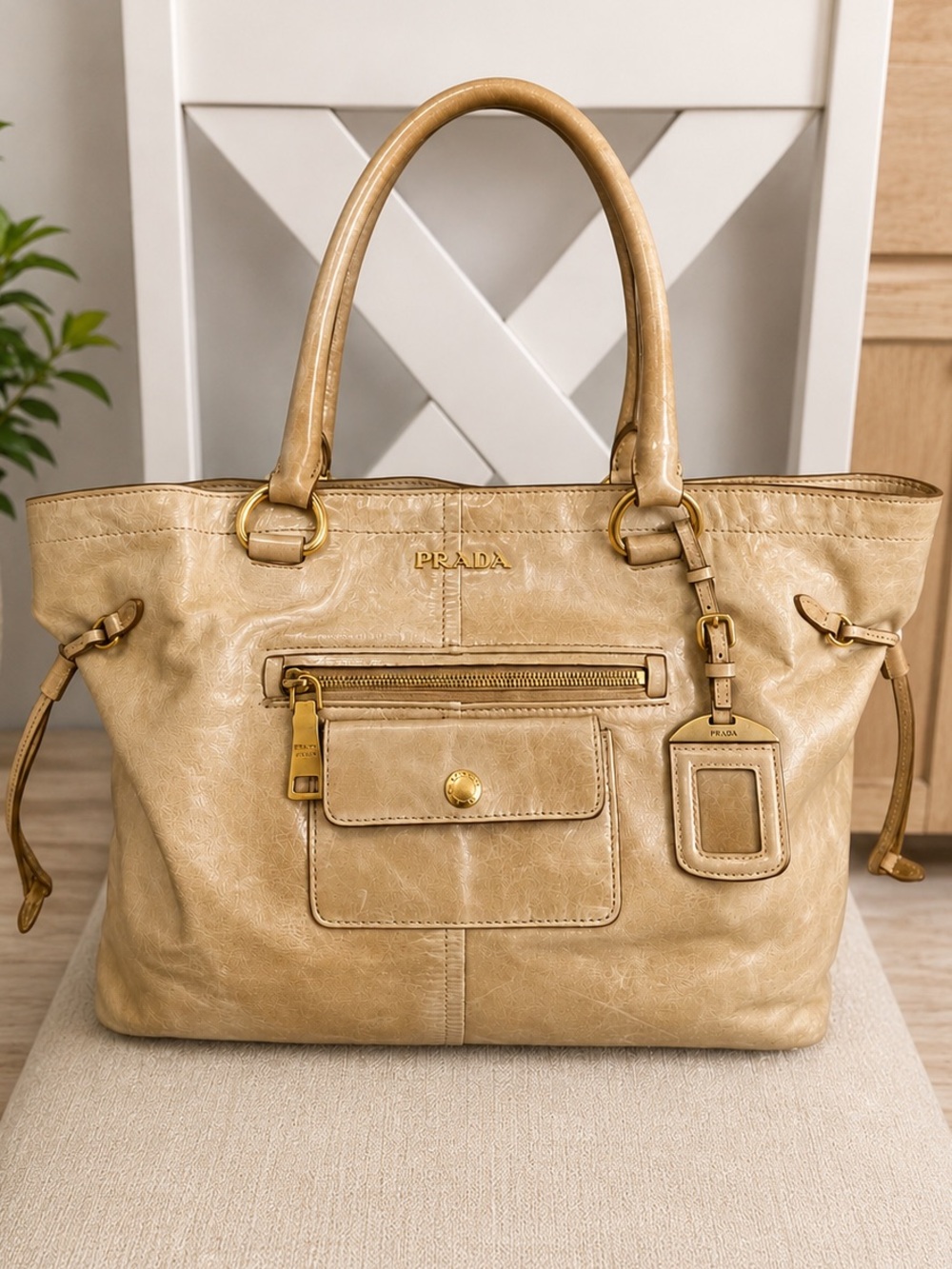 Prada Vitello Shine Distressed Leather Tote Handbag